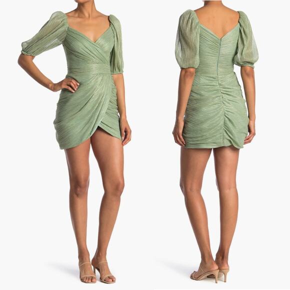 Jonathan Simkhai NWT Nina Plisse Lame Green Metallic Faux Wrap Ruched Mini Dress - Picture 1 of 13